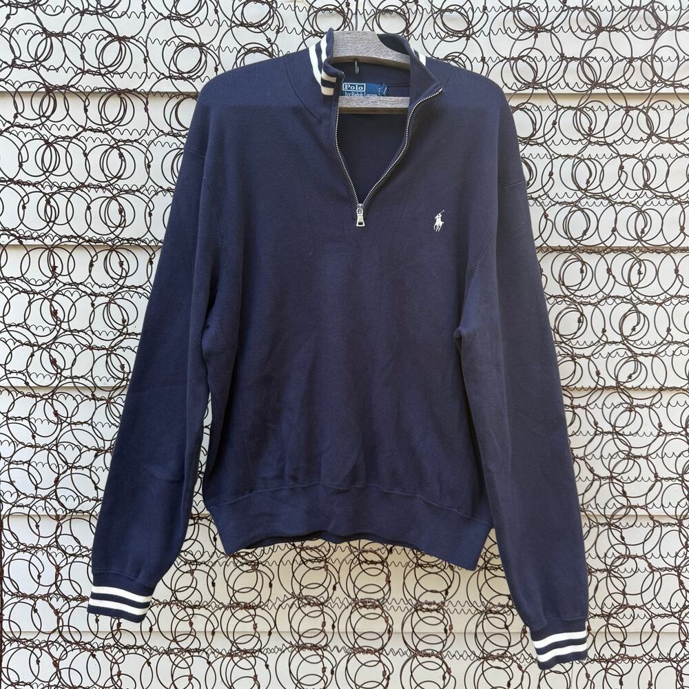 Y2K Polo Ralph Lauren 1/4 Zip Pullover XL Navy Blue Cotton Sporty Preppy SUNFADE